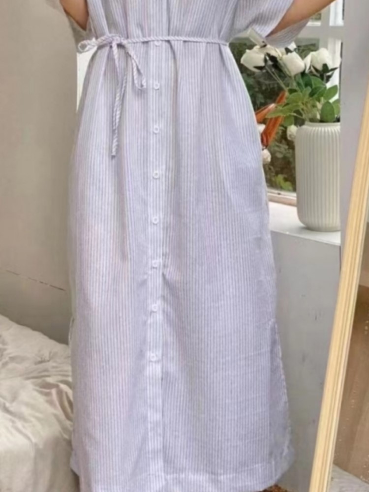 夏のヴィンテージストライプリネンシャツ女性ドレス新半袖カジュ - Casual Loose Linen Shirt Dress のレビューと価格