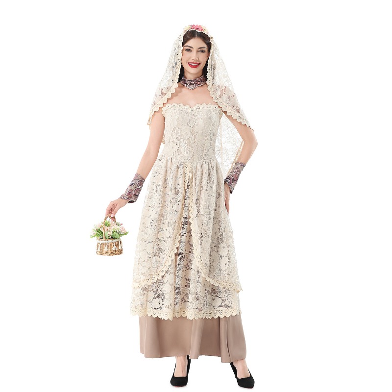 レースのベールが付いた、ストラップレスのフローラル柄ロングガ - Dresses のレビューと価格