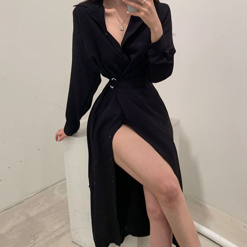 長袖ラペルシャツスタイルドレス韓国スタイルエレガントな女性の - Korean Style A Line Shirt Dress のレビューと価格