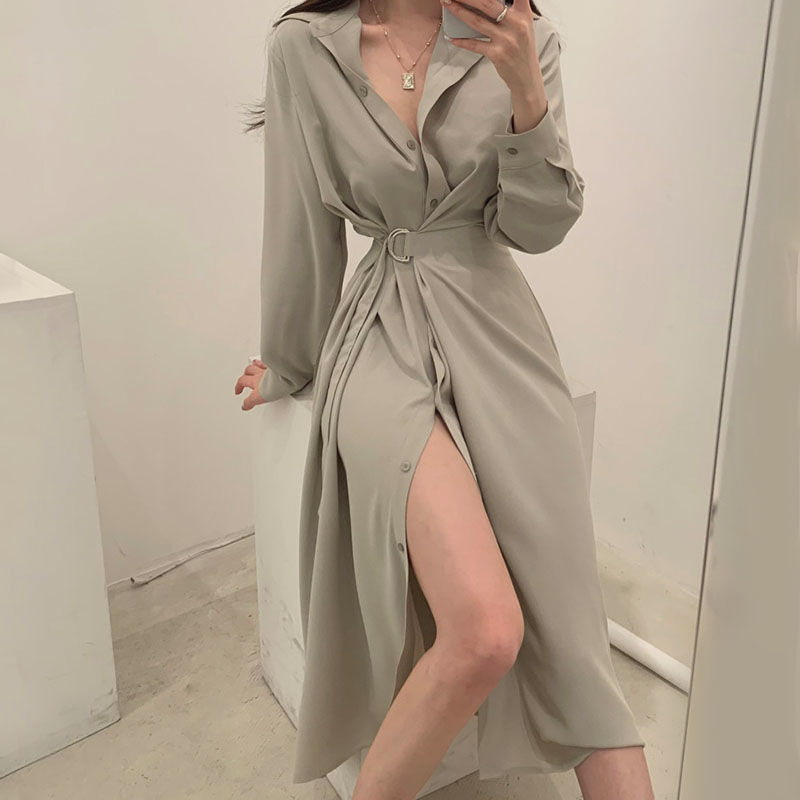 長袖ラペルシャツスタイルドレス韓国スタイルエレガントな女性の - Korean Style A Line Shirt Dress のレビューと価格