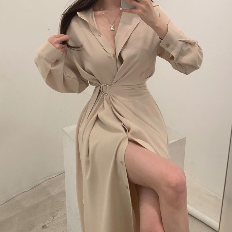 長袖ラペルシャツスタイルドレス韓国スタイルエレガントな女性の - Korean Style A Line Shirt Dress のレビューと価格