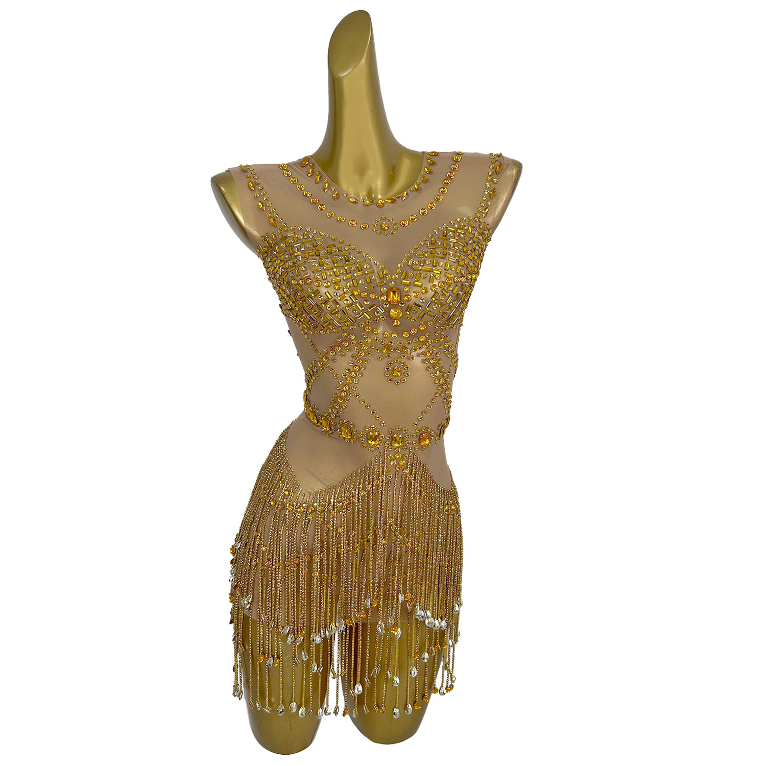 きらめくゴールドのラインストーンタッセルが施された、透け感の - Sparkly Rhinestone Club Party Dress のレビューと価格