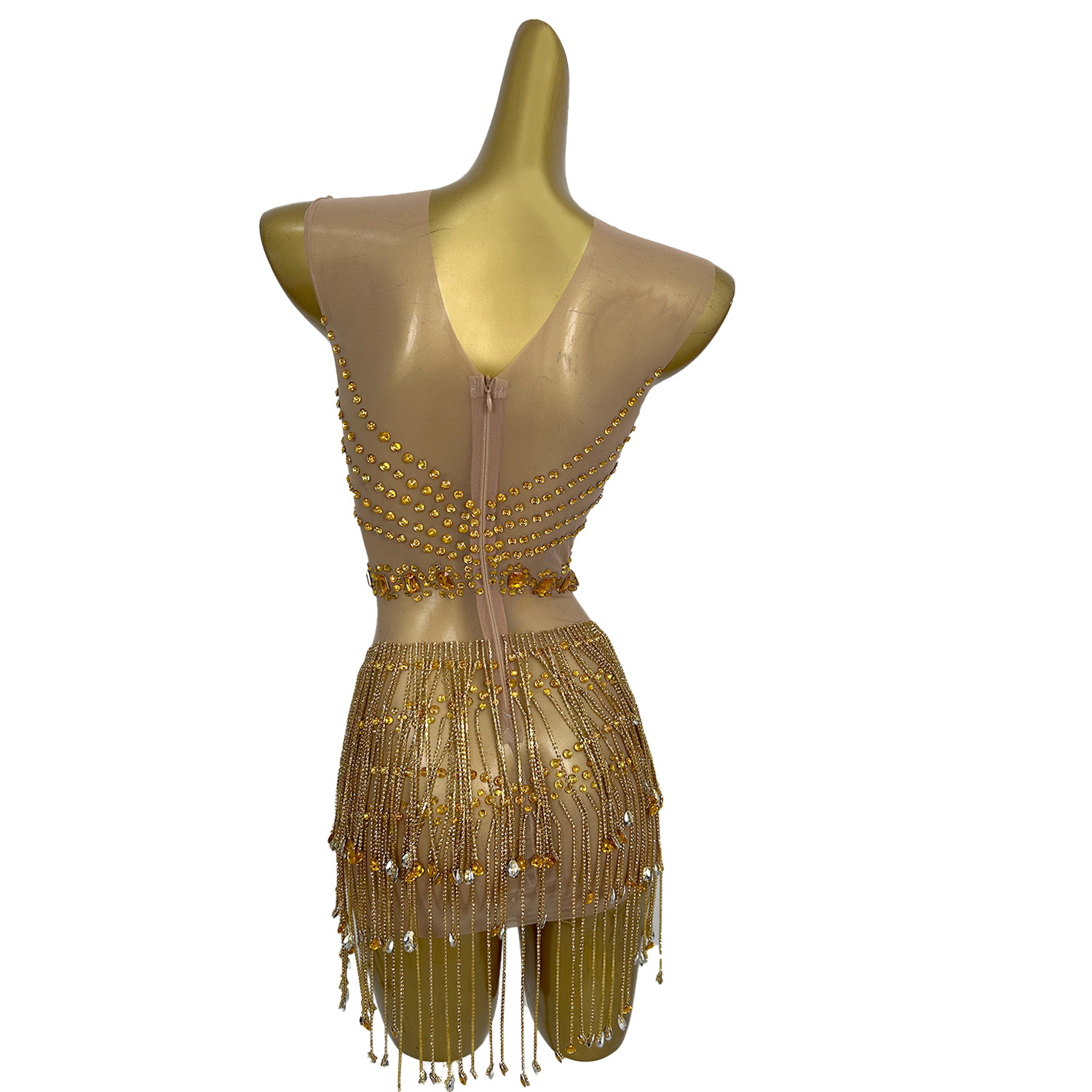 きらめくゴールドのラインストーンタッセルが施された、透け感の - Sparkly Rhinestone Club Party Dress のレビューと価格