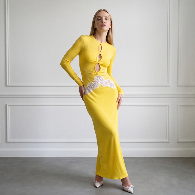 女性用イエローレースカットアウト長袖マキシドレス、シックなキ - Bodycon Long Sleeve Ribbed Dress のレビューと価格