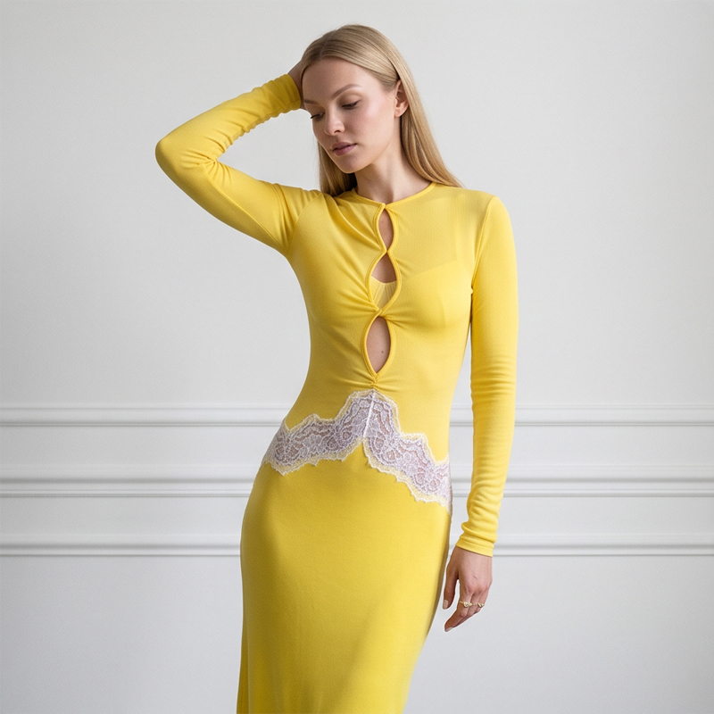 女性用イエローレースカットアウト長袖マキシドレス、シックなキ - Bodycon Long Sleeve Ribbed Dress のレビューと価格