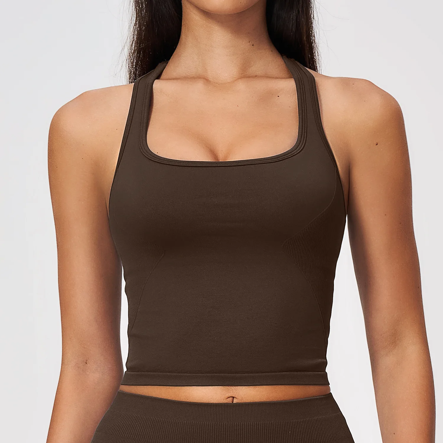 女性用、シームレスなリブ編みのヨガスポーツブラ、クロスバック - Seamless Ribbed Workout Tank Top のレビューと価格