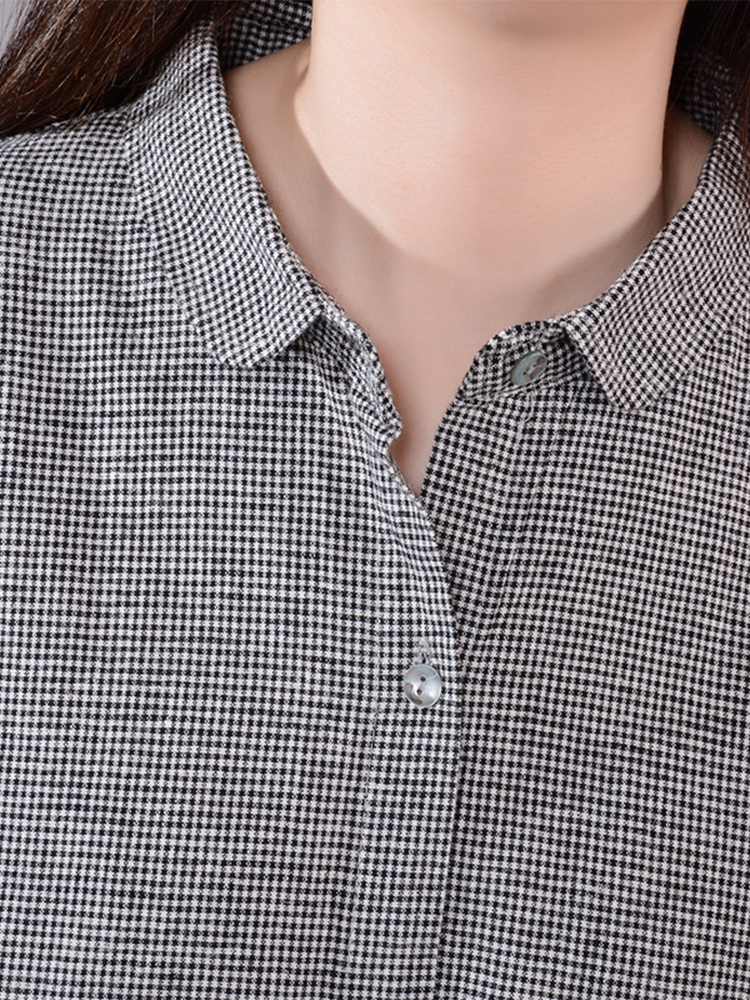 女性の長袖コットンリネンチェック柄シャツドレス非対称ルーズウ - Korean Style A Line Shirt Dress のレビューと価格