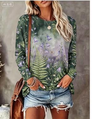 レディース長袖Tシャツ グラデーション背景 水彩花鳥柄 クル - Blouses のレビューと価格