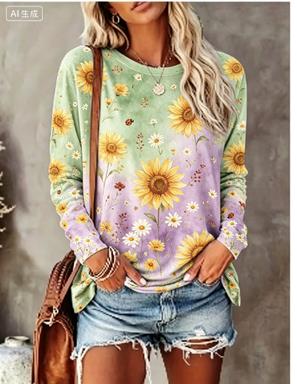 レディース長袖Tシャツ グラデーション背景 水彩花鳥柄 クル - Blouses のレビューと価格