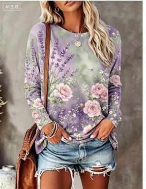 レディース長袖Tシャツ グラデーション背景 水彩花鳥柄 クル - Blouses のレビューと価格