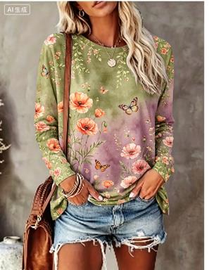 レディース長袖Tシャツ グラデーション背景 水彩花鳥柄 クル - Blouses のレビューと価格