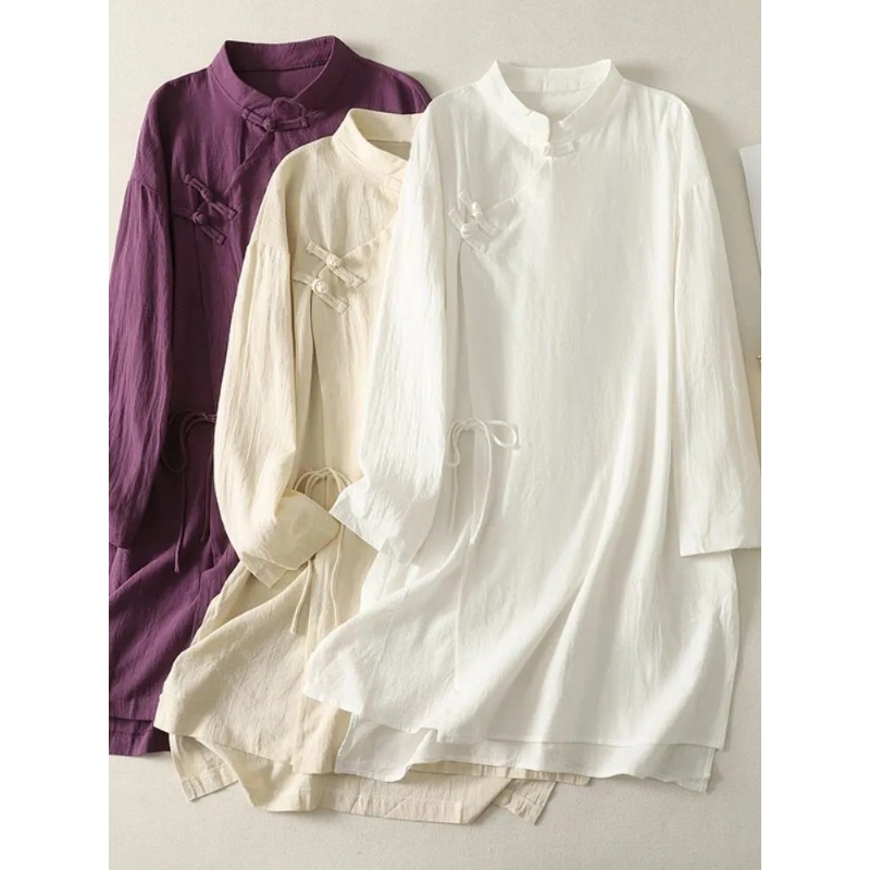 女性の中国風カエルボタンリネンチュニックドレススタンドカラー - Casual Loose Linen Shirt Dress のレビューと価格