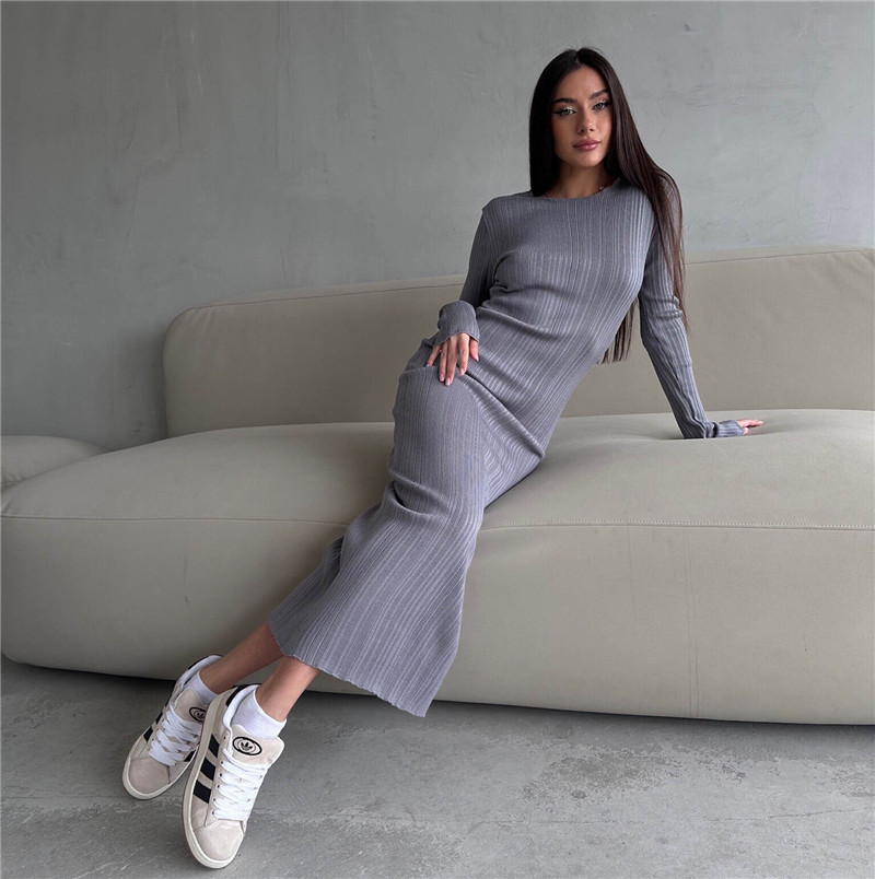 Vsstiar-レディースリブニットドレス,ラウンドネック, - Bodycon Long Sleeve Ribbed Dress のレビューと価格