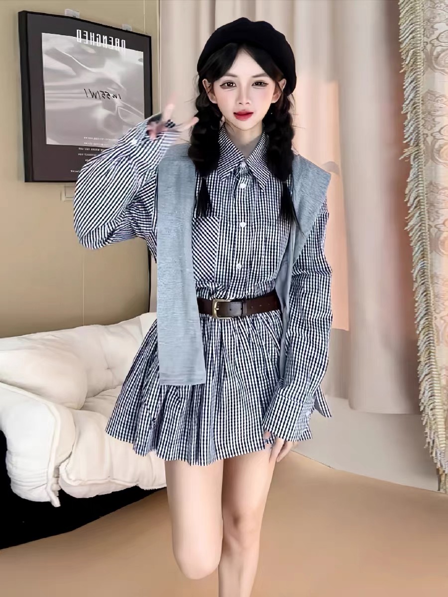 初秋の韓国風シャツドレス ヴィンテージチェック柄スカート ス - Korean Style A Line Shirt Dress のレビューと価格