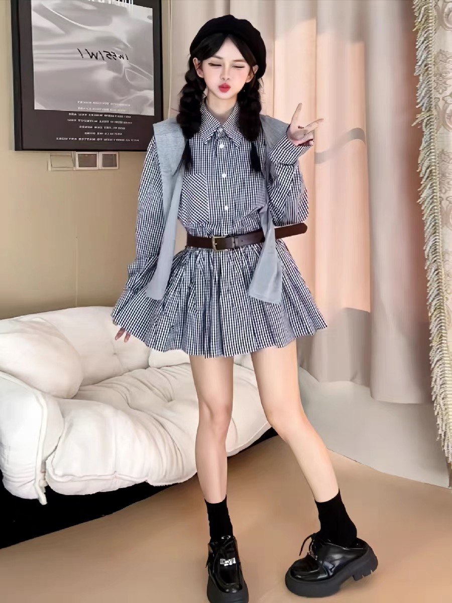 初秋の韓国風シャツドレス ヴィンテージチェック柄スカート ス - Korean Style A Line Shirt Dress のレビューと価格