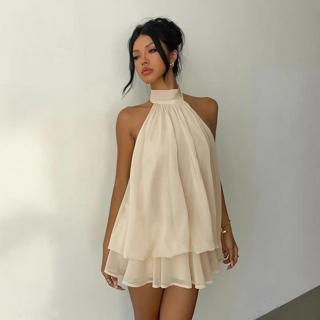 女性のホルターネックドレスバックレスタイフロントシフォンシア - Y2K Backless Halter Mini Dress のレビューと価格