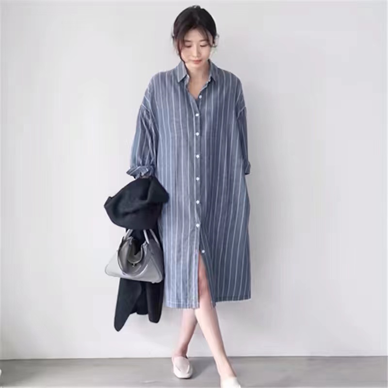 ブルーストライプシャツドレス女性のルーズカジュアルロングオー - Korean Style A Line Shirt Dress のレビューと価格