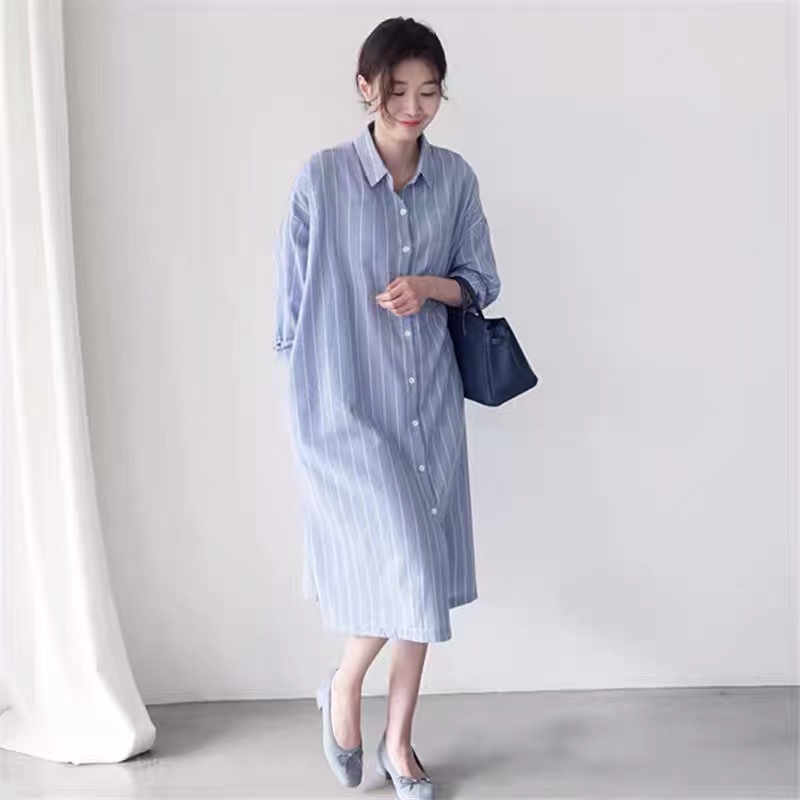 ブルーストライプシャツドレス女性のルーズカジュアルロングオー - Korean Style A Line Shirt Dress のレビューと価格