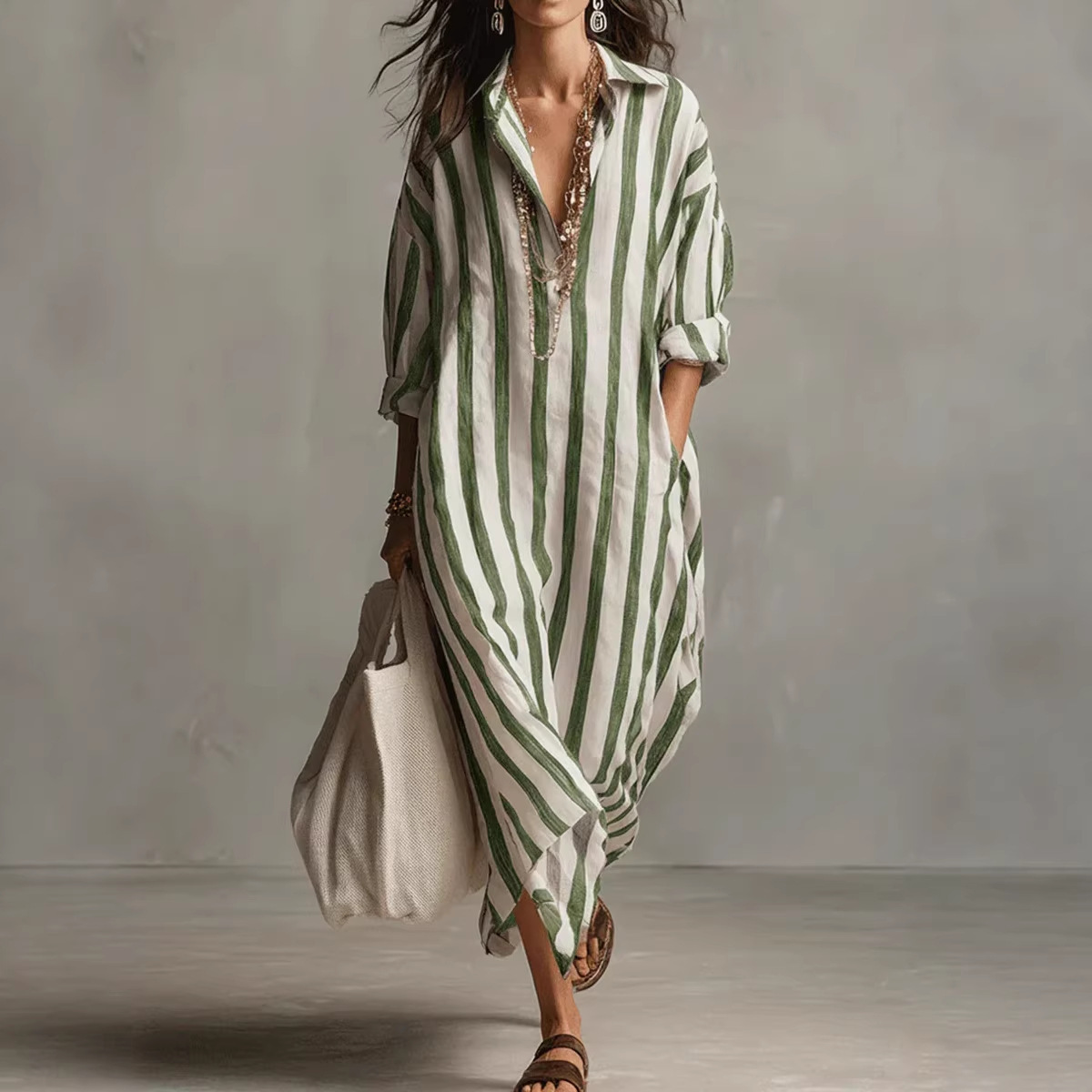 夏のエレガントな折り返し襟のリネンストライプシャツワンピース - Casual Loose Linen Shirt Dress のレビューと価格