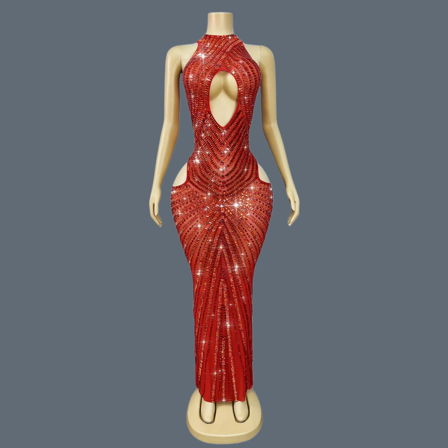 豪華な赤いラインストーン装飾の透かし彫りマーメイドドレス、キ - Sparkly Rhinestone Club Party Dress のレビューと価格