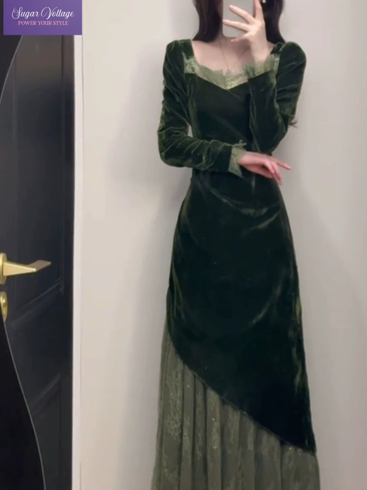 フランス風ヴィンテージエレガントベルベットドレス レディース - French Vintage Floral Midi Dress のレビューと価格