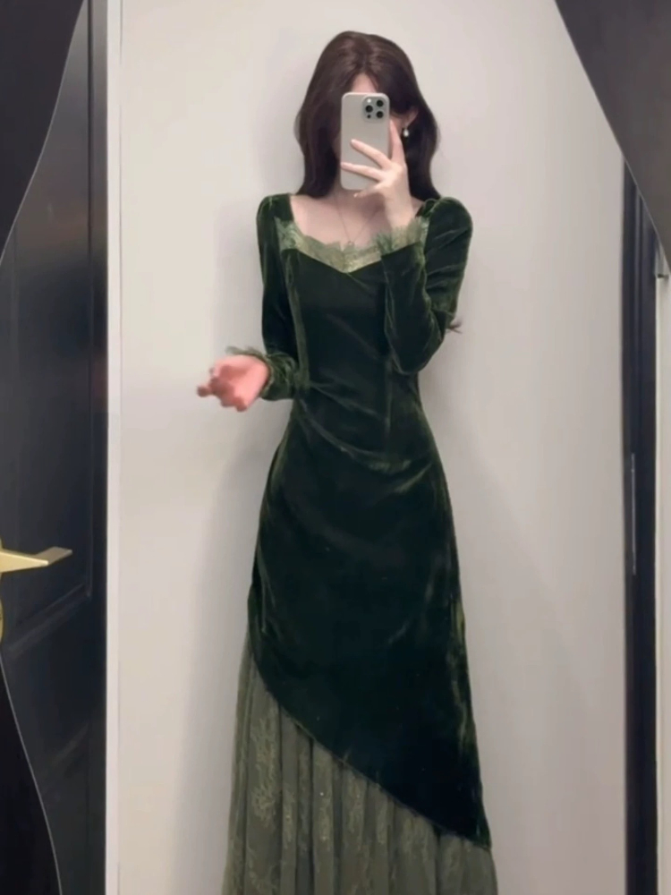 フランス風ヴィンテージエレガントベルベットドレス レディース - French Vintage Floral Midi Dress のレビューと価格