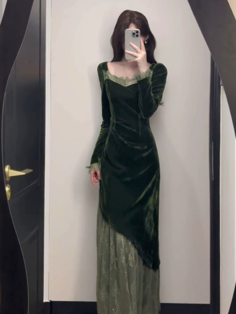 フランス風ヴィンテージエレガントベルベットドレス レディース - French Vintage Floral Midi Dress のレビューと価格
