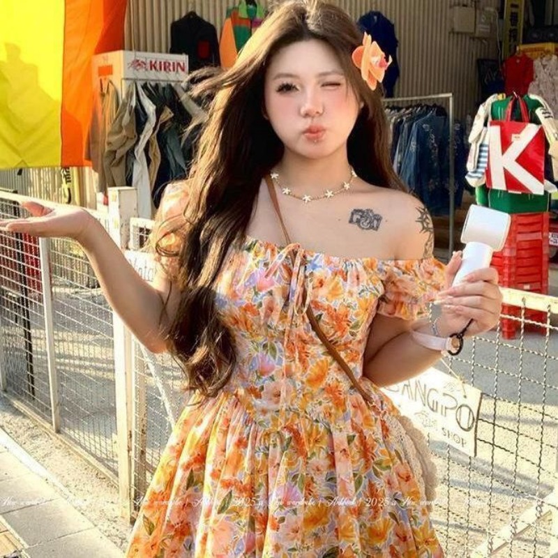 ホットセール オレンジ花柄プリント オフショルダーミニドレス - Off Shoulder Puff Sleeve Sundress のレビューと価格